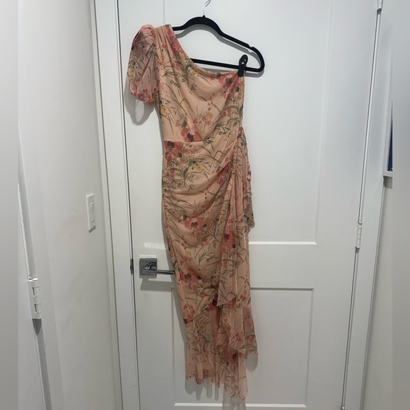 BCBGMAXAZRIA One Sleeve Asymmetrical Ruffle Hem Pink Midi Evening Dress, Size XS - Picture 5 of 7